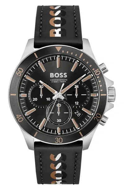 Hugo Boss Men Troper Quartz Fashion Chrono Black Leather Watch 45mm