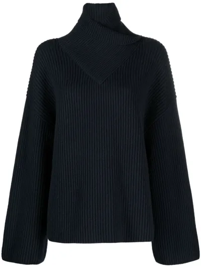 Totême Wrap-neck Ribbed Wool Jumper In Blue