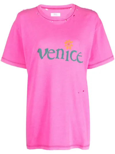 Erl Venice-print Distressed T-shirt In Pink