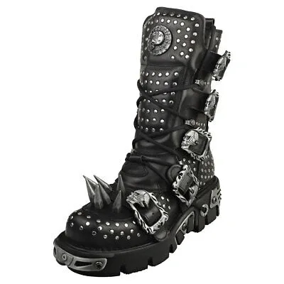 Pre-owned New Rock Rock Boot Metallic M-1535-s1 Unisex Black Silver Stiefel Plattform