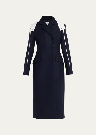 Ferragamo Wool Coat With Detachable Hood In New Navy Blue