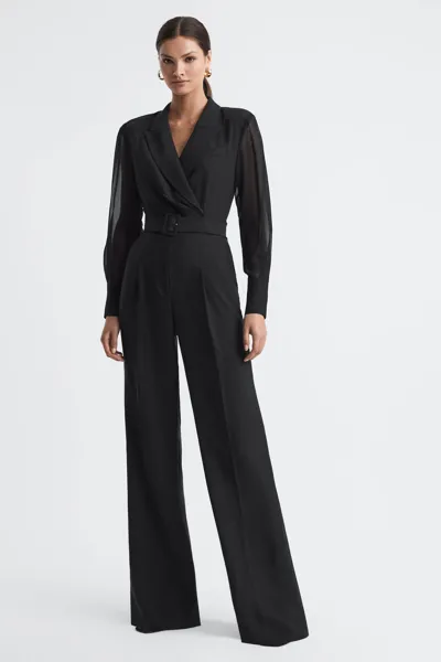 Reiss Black Flora Sheer Belted Double Breasted Jumpsuit