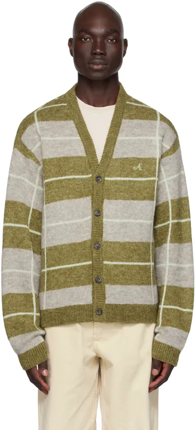 Awake Ny Khaki Striped Cardigan In Sage Multi