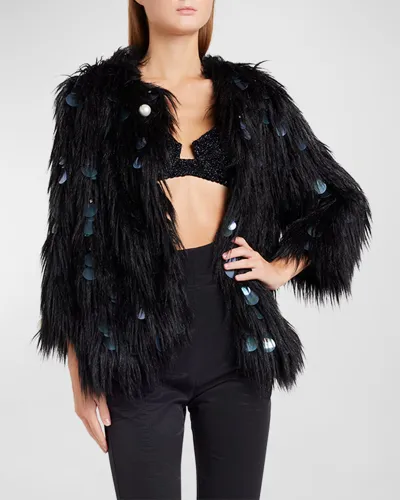 Alabama Muse Ross Gold Embellished Faux Fur Jacket In Black