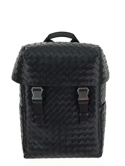 Bottega Veneta Intrecciato Flap Backpack In Black