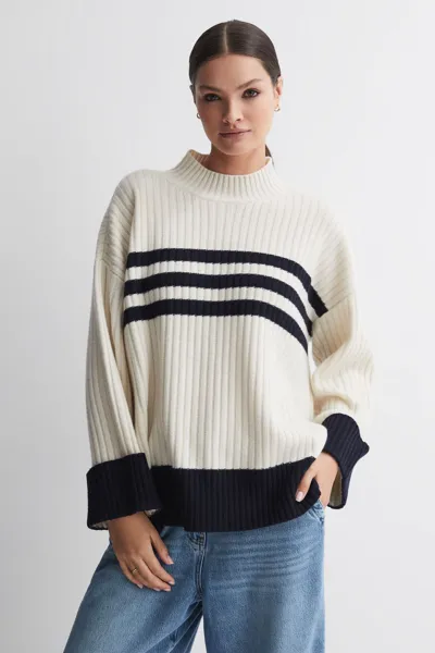 Reiss Cream/navy Misha Ribbed Wool Funnel Neck Jumper