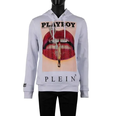 Pre-owned Philipp Plein X Playboy Hoodie Sweatshirt Lippen Print Kristalle Logo Weiss 08357