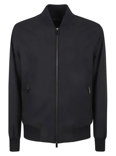 Z Zegna Zipped Elasticated Hem Bomber Jacket In Blue