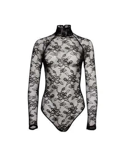 Fleur Du Mal High Neck Lace Bodysuit In Black