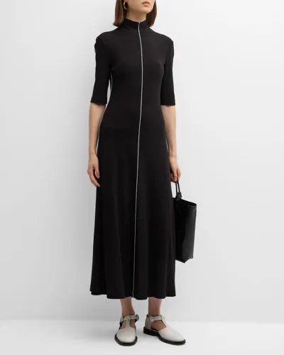 Rosetta Getty Contrast-seam Funnel-neck Elbow-sleeve Midi Dress In Black