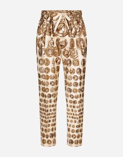 Dolce & Gabbana Coin Print Silk Twill Jogging Pants In Brown