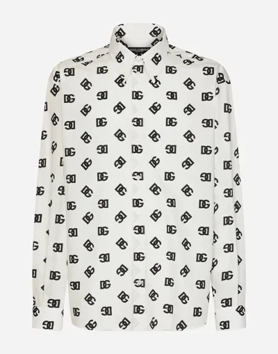 Dolce & Gabbana Oversize Cotton Shirt With Dg Monogram Print In White