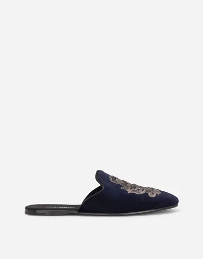 Dolce & Gabbana Velvet Slippers With Coat Of Arms Embroidery In Black