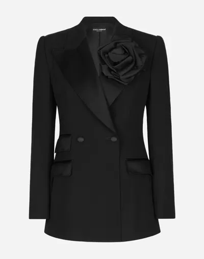 Dolce & Gabbana Double-breasted Woolen Jacket With Flower Appliqué In Black