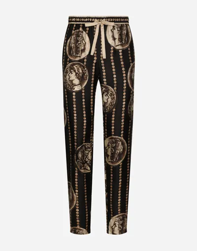 Dolce & Gabbana Jogging Pants In Silk Twill With Coin Print In Black