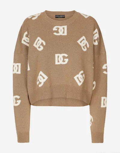 Dolce & Gabbana Dg Monogram Virgin Wool Jumper In Brown