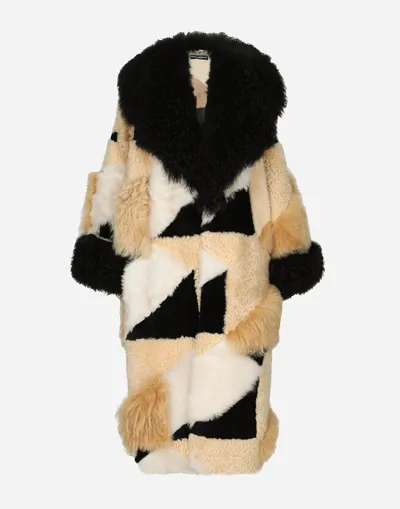 Dolce & Gabbana Long Patchwork Sheepskin Coat In Multi