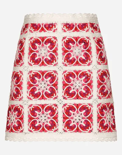 Dolce & Gabbana Majolica-print Crochet Miniskirt In White