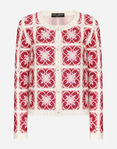 Dolce & Gabbana Brick-stitched Crochet Cardigan With Majolica Print In Multi