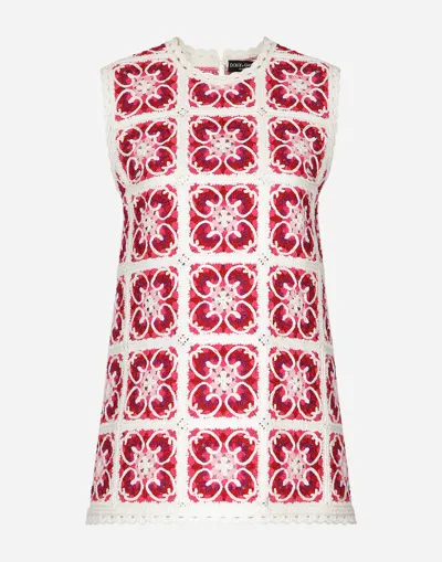 Dolce & Gabbana Brick-stitched Crochet Mini Dress With Majolica Print In Multi