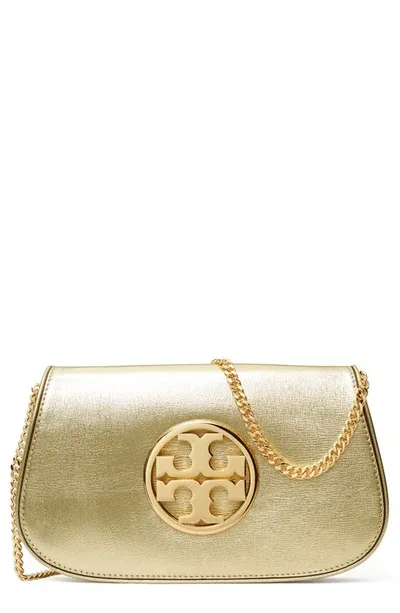 Tory Burch Reva Metallic Leather Clutch In Gold