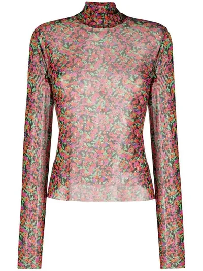 Msgm Floral-print Semi-sheer Top In Black