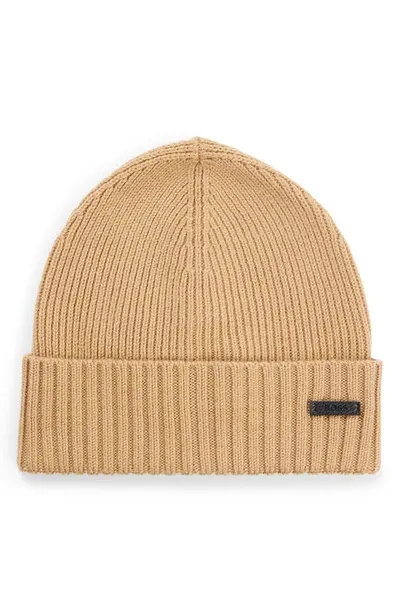 Hugo Boss Fati Wool Beanie In Med Biege