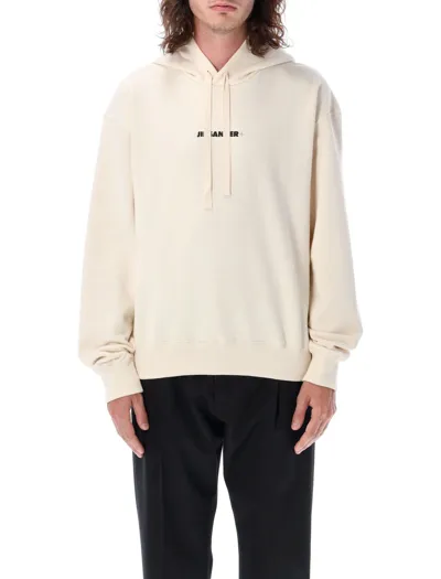 Jil Sander Logo Printed Drawstring Hoodie In Beige