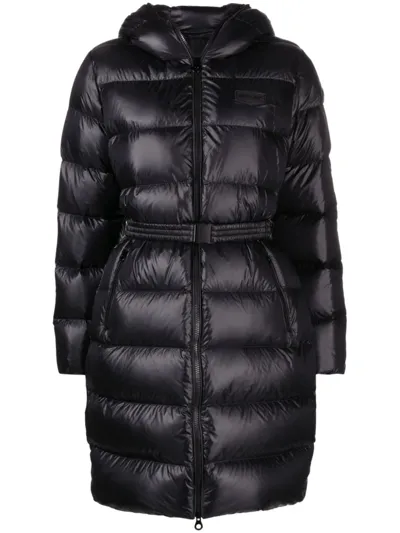 Duvetica Belted Hooded Long Down Jacket In Black