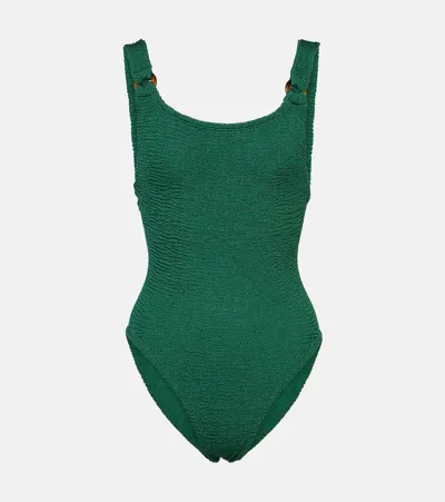 Hunza G Domino Shirred Swimsuit In Metallic Forest Green