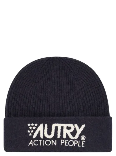 Autry Wool Blend Beanie With Logo In Navy