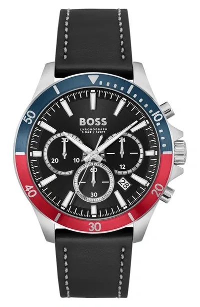 Hugo Boss Leather-strap Chronograph Watch With Two-tone Bezel Men's Watches In Assorted-pre-pack