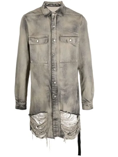 Rick Owens Frayed Denim Overshirt In Gray