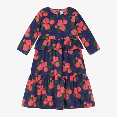 Mini Rodini Kids' Roses Ruffled Cotton Dress In Blue