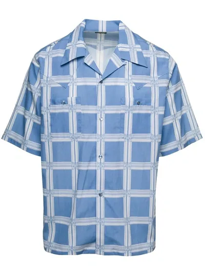 Needles Light Blue Bowling Shirt With All-over Graphic Print In Cotton Blend Man