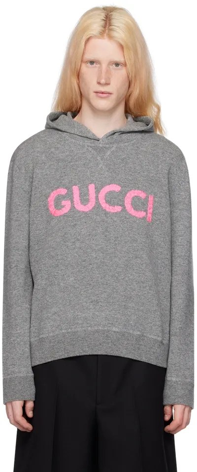 Gucci Logo Wool Knit Hoodie In Gray