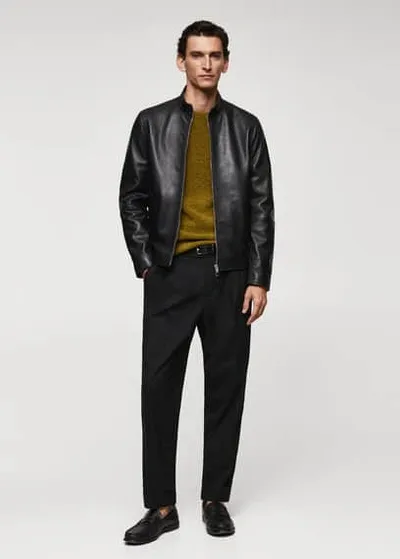 Mango Man Zip-detail Leather Biker Jacket Black