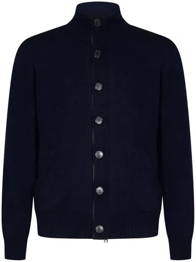 Brioni Leather-trimmed Cashmere Cardigan In Navy