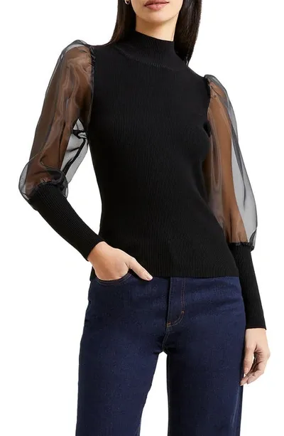 French Connection Krista Organza Long Sleeve Top In Black