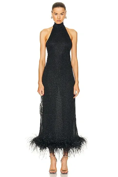 Oseree Lumière Halterneck Feather-trimmed Metallic Stretch-knit Maxi Dress In Black