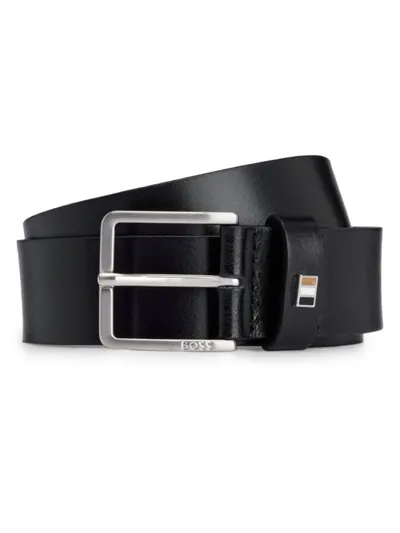 Hugo Boss Italian-leather Belt With Signature-stripe Hardware In Black