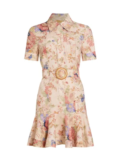 Zimmermann August Floral Belted Mini Dress In Cream Floral