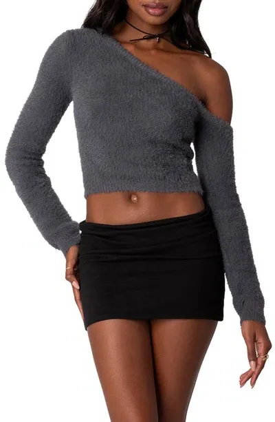 Edikted Women's Frannie One Shoulder Fuzzy Knit Sweater In Gray