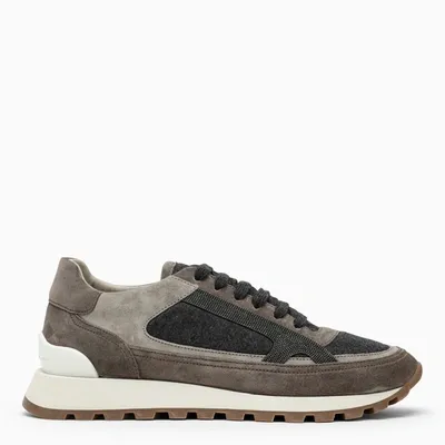 Brunello Cucinelli Runners In Suede And Virgin Wool Flannel With Precious Contour In Brown