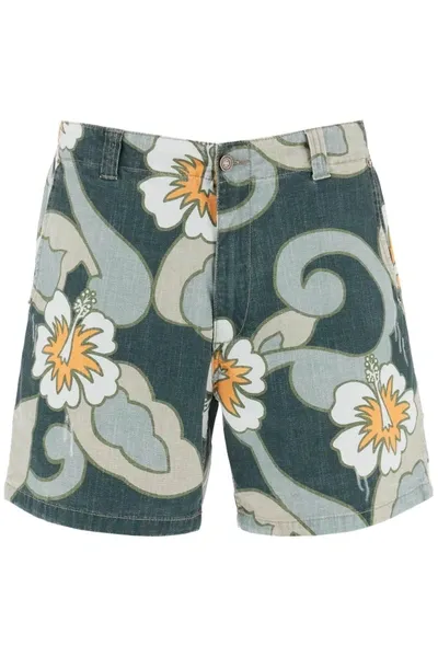 Erl Distressed-effect Hibiscus-print Bermuda Shorts In  Grey Hibiscus