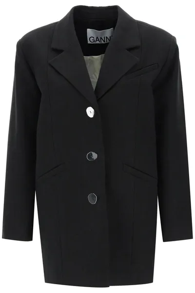 Ganni Cotton Suiting Oversized Blazer In Black