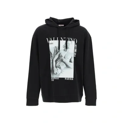 Valentino Graphic Printed Drawstring Hoodie In Black