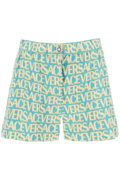 Versace Logo Print Silk Twill Shorts In Multicolor