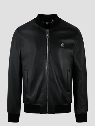 Philipp Plein Billy Leather Bomber Jacket In Black