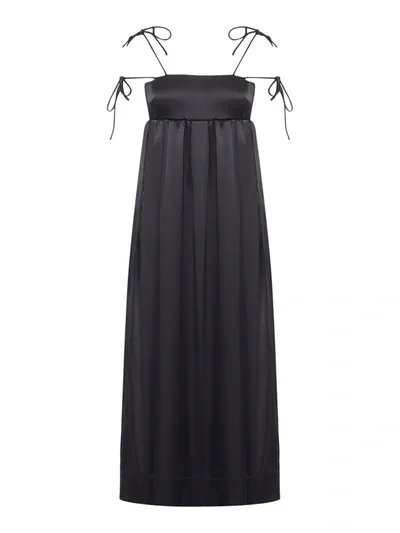 Ganni Double Satin String Long Dress In Black